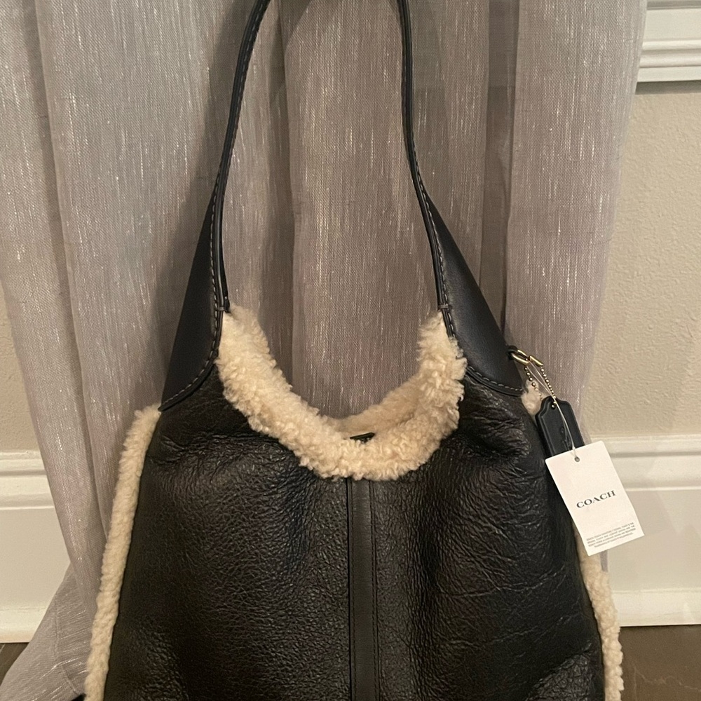 Coach Brooklyn Black Leather Shoulder Bag with Cream Shearling Trim